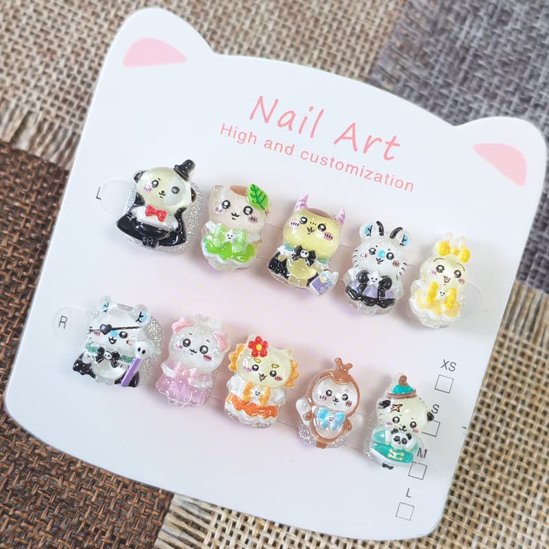 Cute Handmade Wearable Nails Chiikawa Hachi Usagi Short Kids Nail Art for Ages 3-6-12 Fake Nail Stickers