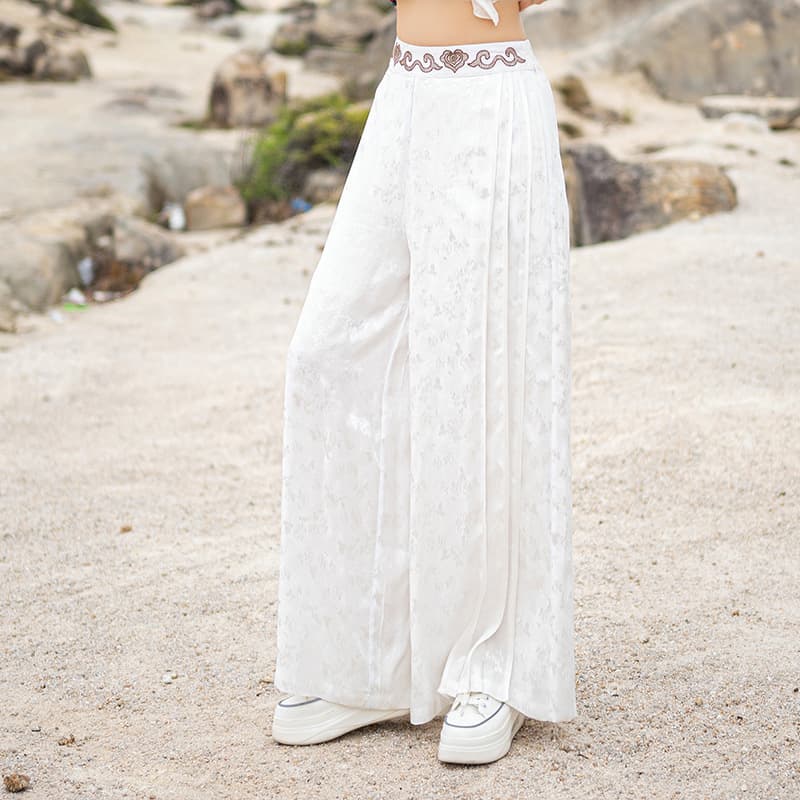 New Ethnic Style Satin Waist Embroidered Semi-elastic Design Wide Leg Pants Women's White Slim Look Straight Leg Pants