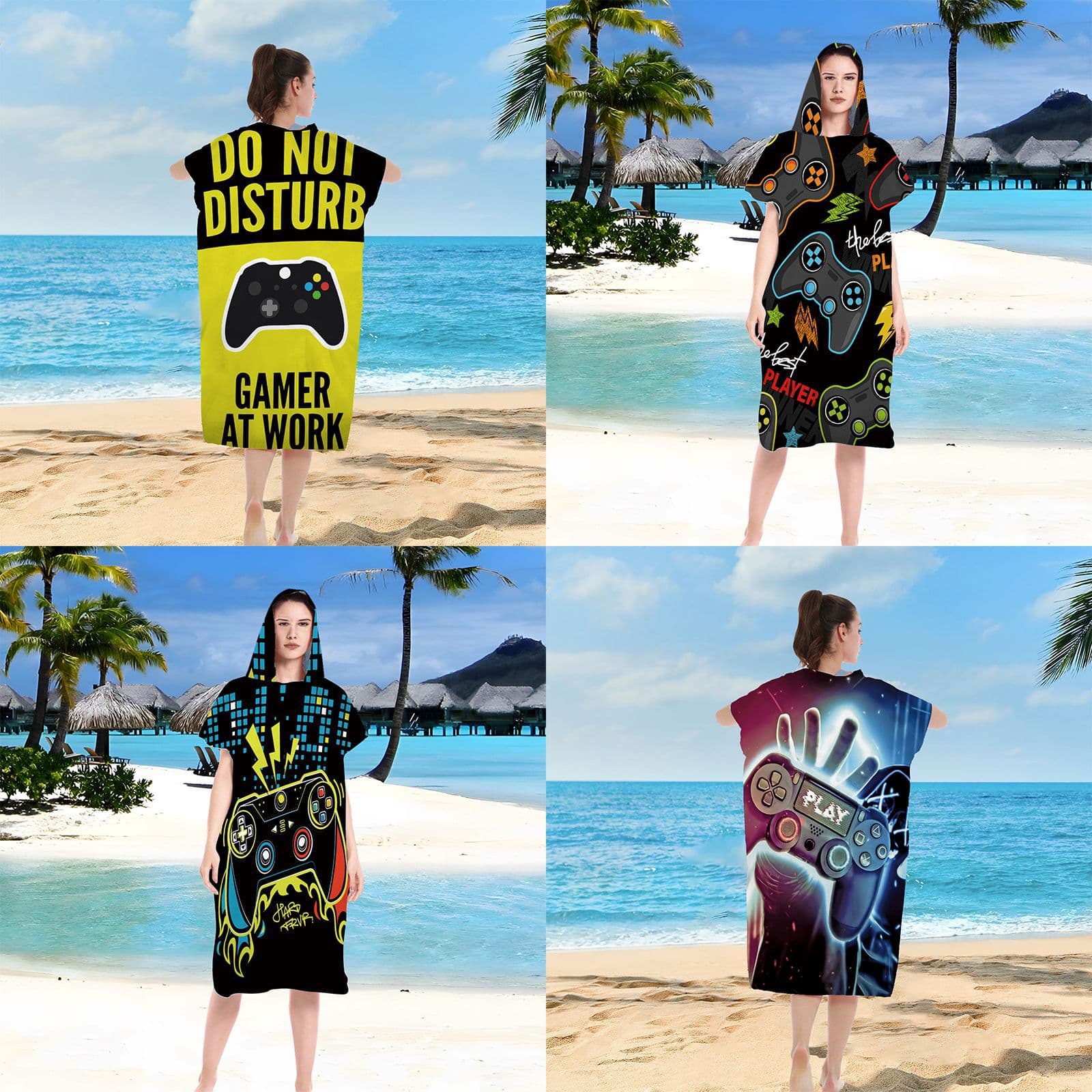 Digital Print Surfing Changing Poncho Hooded Towel Robe Cape Microfiber Beach Game Console Style