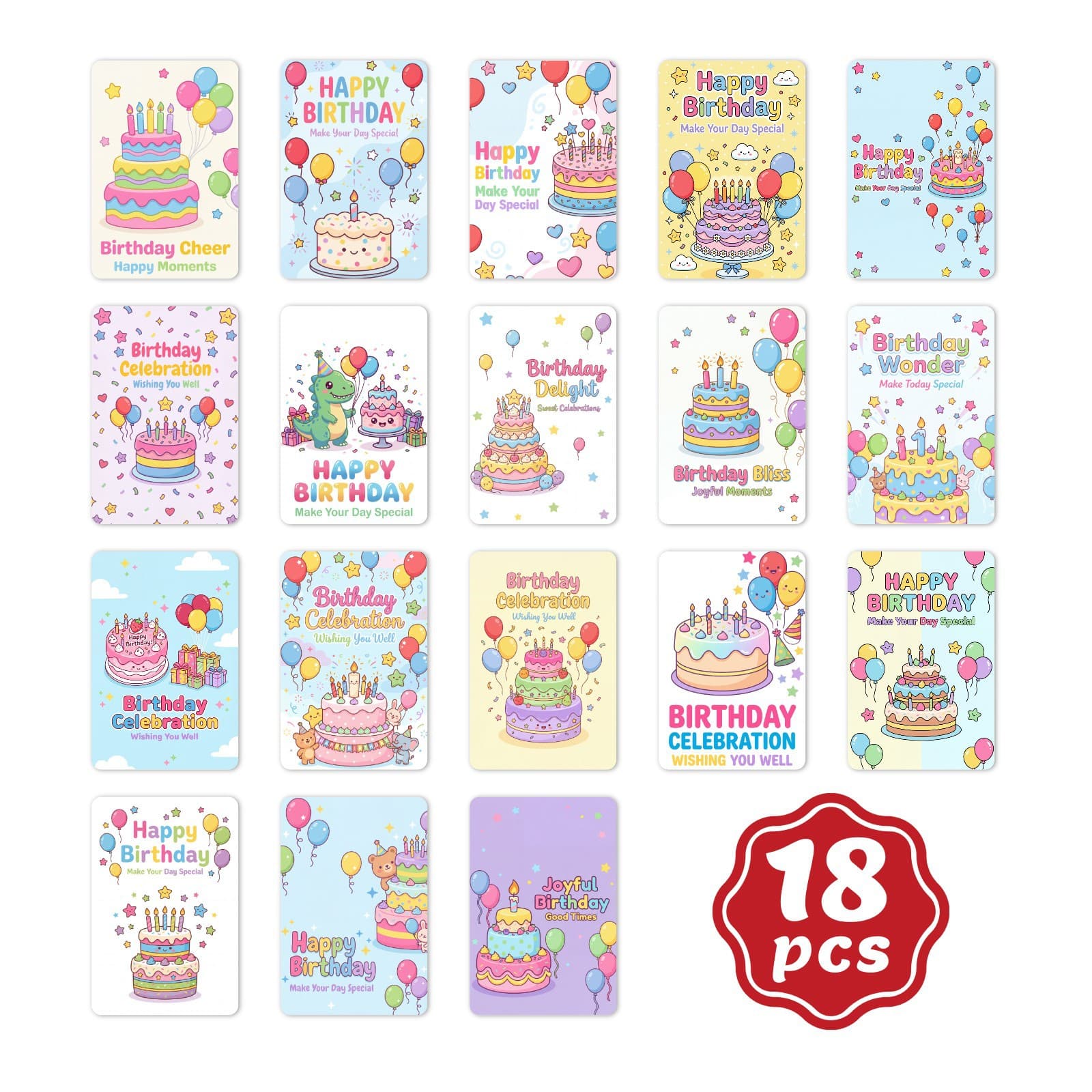 18 Birthday Cards in Japanese Kawaii Style, Warm and Healing Gift Wrapping Decorative Elements Birthday Cards