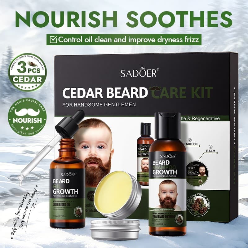 SADOER Cedar Beard Care 3-Piece Set for Men, Beard Care Kit, Factory Direct Wholesale