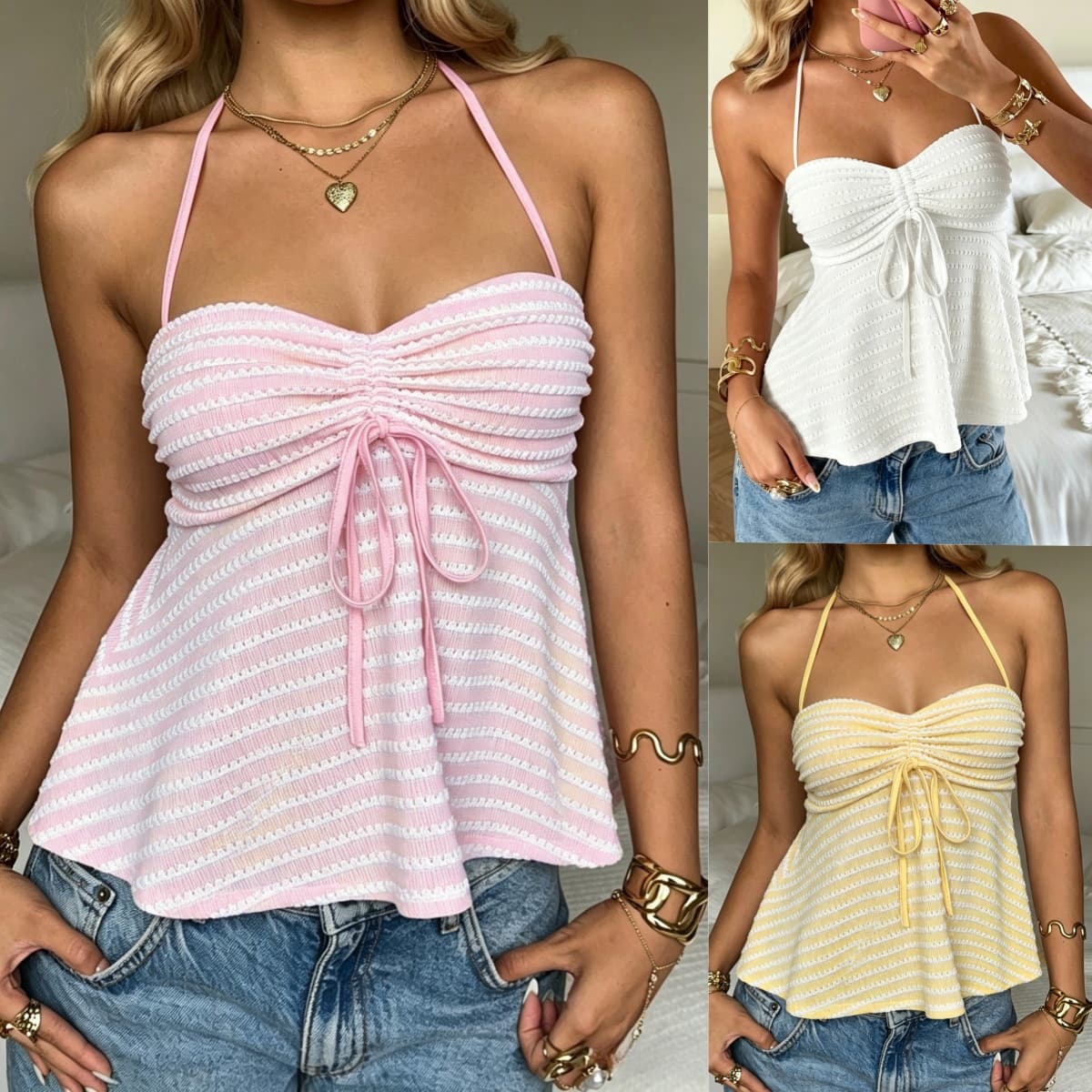 2026 Summer New Style European and American Striped Tube Top Women Tie Waist Sexy Hot Girl Short Strappy Vest