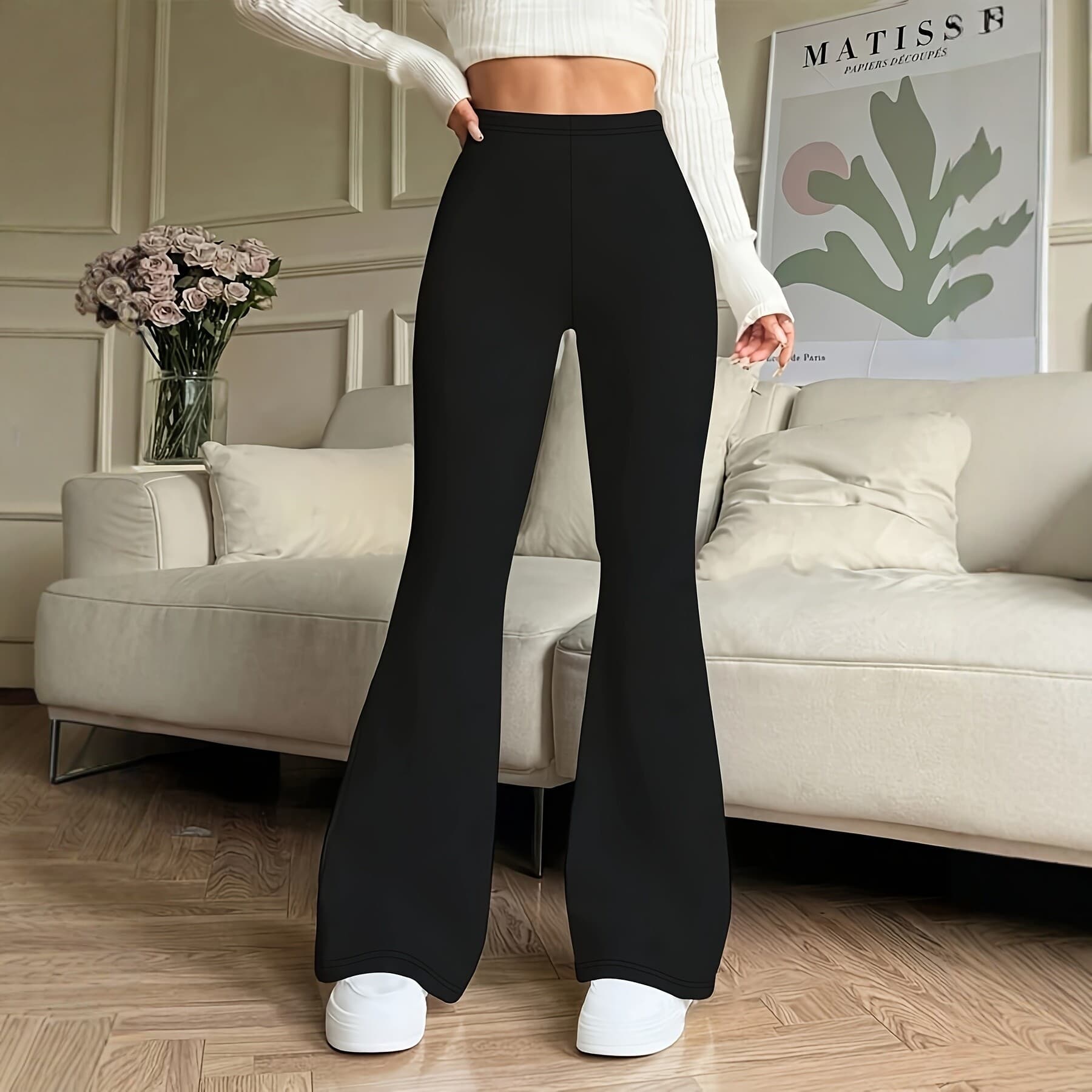 Black Women's Flared Pants, All-Season High-Stretch Trousers