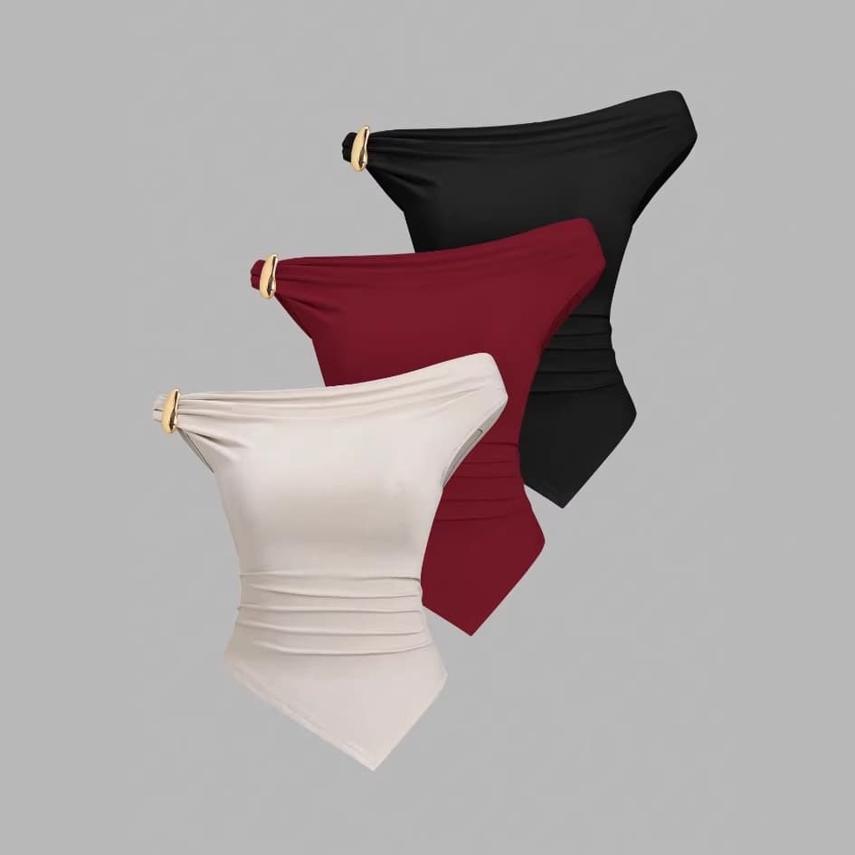 Cross-border foreign trade metal ring buckle slanted shoulder vest for women with side pleats, irregular hem, hot girl style sleeveless top