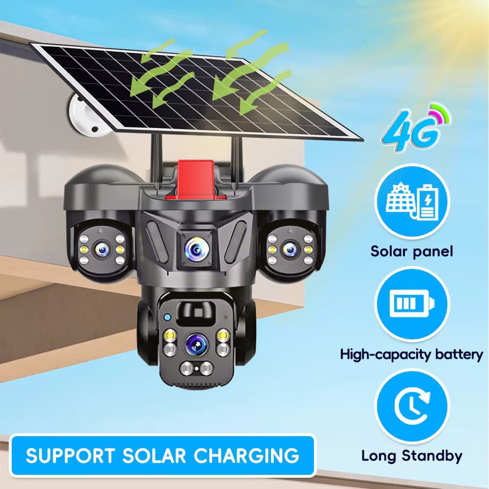 V380 Triple-Lens Solar Camera Three-Screen Low-Power PTZ 4G Outdoor Surveillance Camera