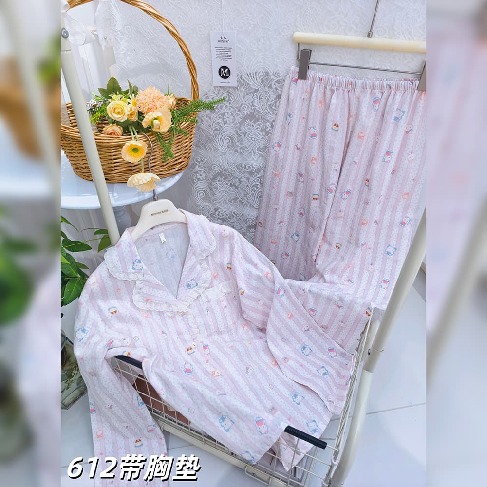2026 New Model Hongyi 612 Multi-Pattern Double-Layer Cotton Gauze with Chest Pad, Turn-Down Collar, Long-Sleeve, Long-Pants Set, Women's Pajamas