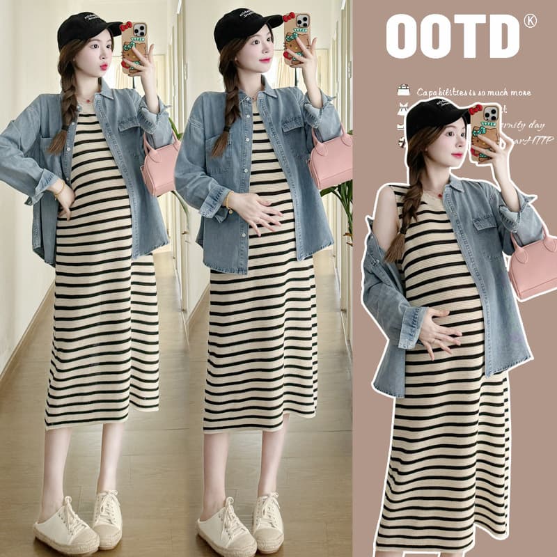 In Stock Maternity Dress Spring Fashion Style Plus Size Trendy Mom Two-Piece Set