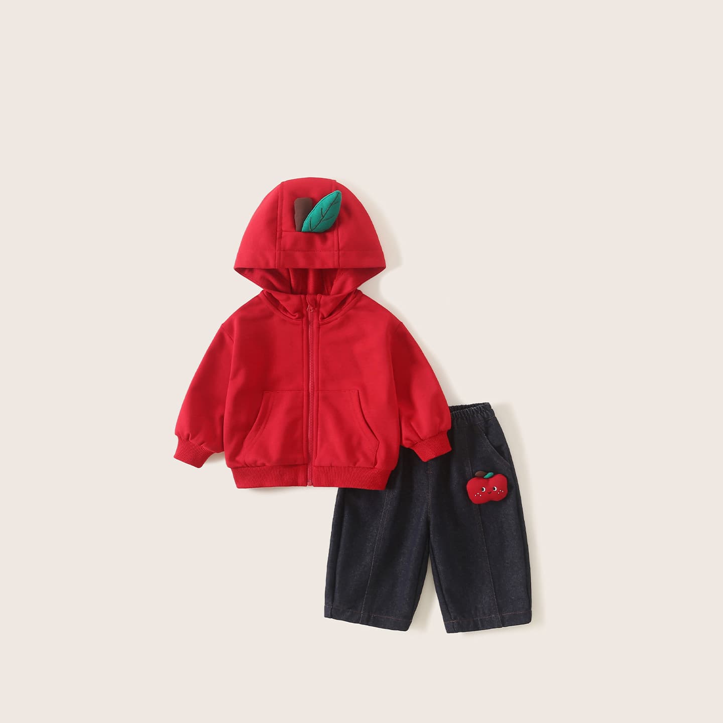 2026 Fall Girls' Two-Piece Set Hooded Windproof Sweatshirt Apple Loose Versatile Jeans for Baby Girls