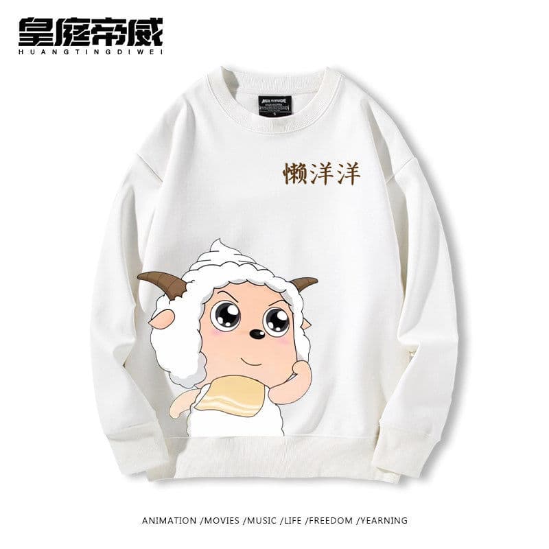 Pleasant Goat and Big Big Wolf Cartoon Print Round Neck Sweatshirt for Men and Women, Autumn and Winter Versatile Long Sleeve Top