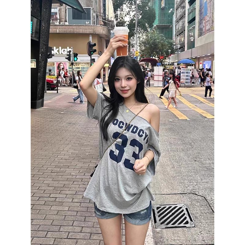 2025 Summer American Trendy Off-Shoulder Short Sleeve T-Shirt Design One-Shoulder Top for Women Cross-Border Supply