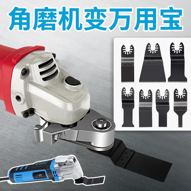 Angle grinder converted into a multi-purpose electric trimmer, cutting machine, and electric shovel – a complete collection of woodworking tools.