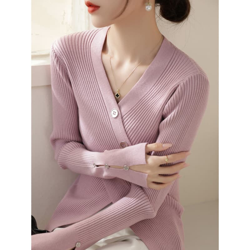 Lazy style knitted sweater with cross-collar button and slit for women in autumn and winter new style long-sleeved high-end super good-looking bottoming top