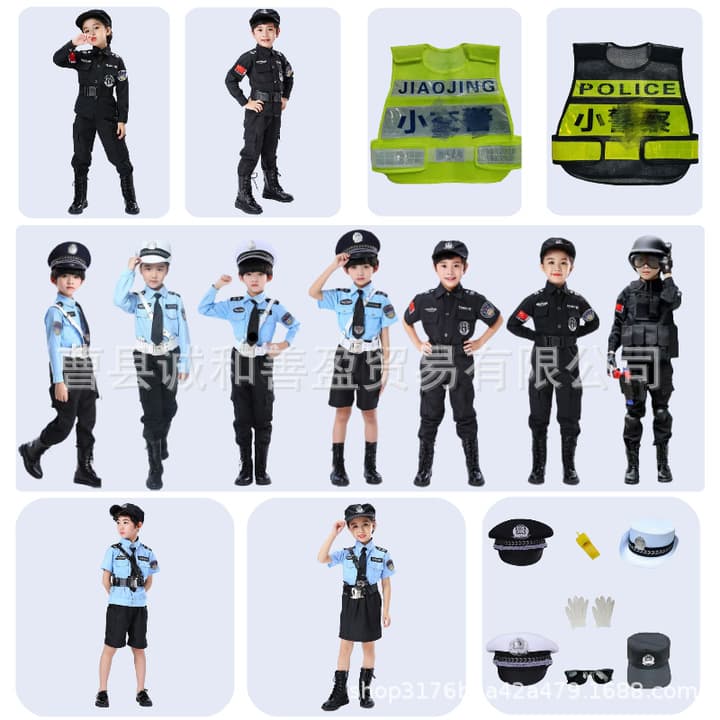 Cross-Border Kids Police Costume, SWAT Uniform, Traffic Police Reflective Vest Set for Boys and Girls, Children's Day Performance Outfit