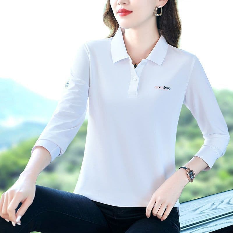 Fashionable Long Sleeve Polo Shirt for Women Pure Color Turn-down Collar T-shirt Comfortable Casual Style Polyester Fiber