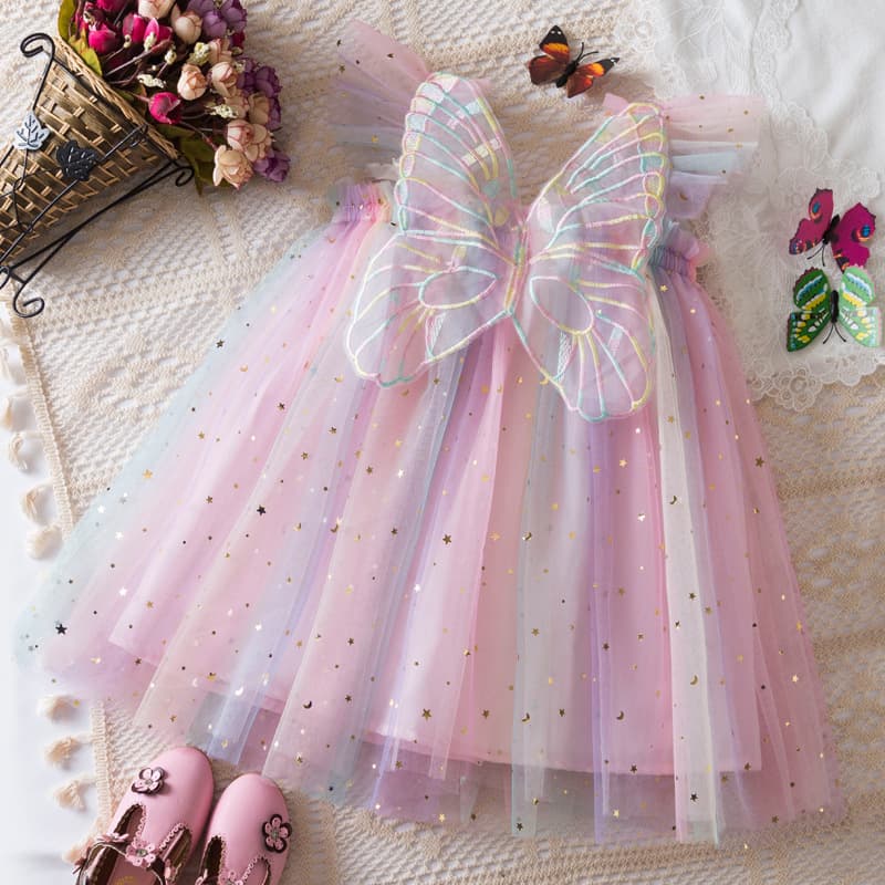 2026 cross-border new girls dress Korean style butterfly wings mesh princess dress sequin gradient color flying sleeves
