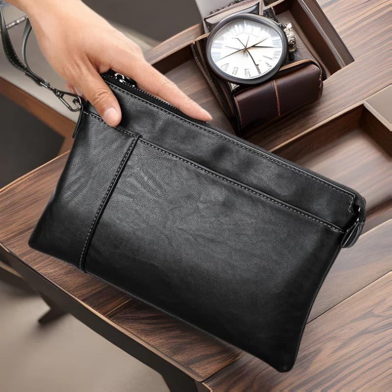 Men's Clutch, Genuine Leather Texture Phone Pouch, Casual Large Capacity Handheld Bag, Envelope Bag, Fashion Foldover Bag Trendy