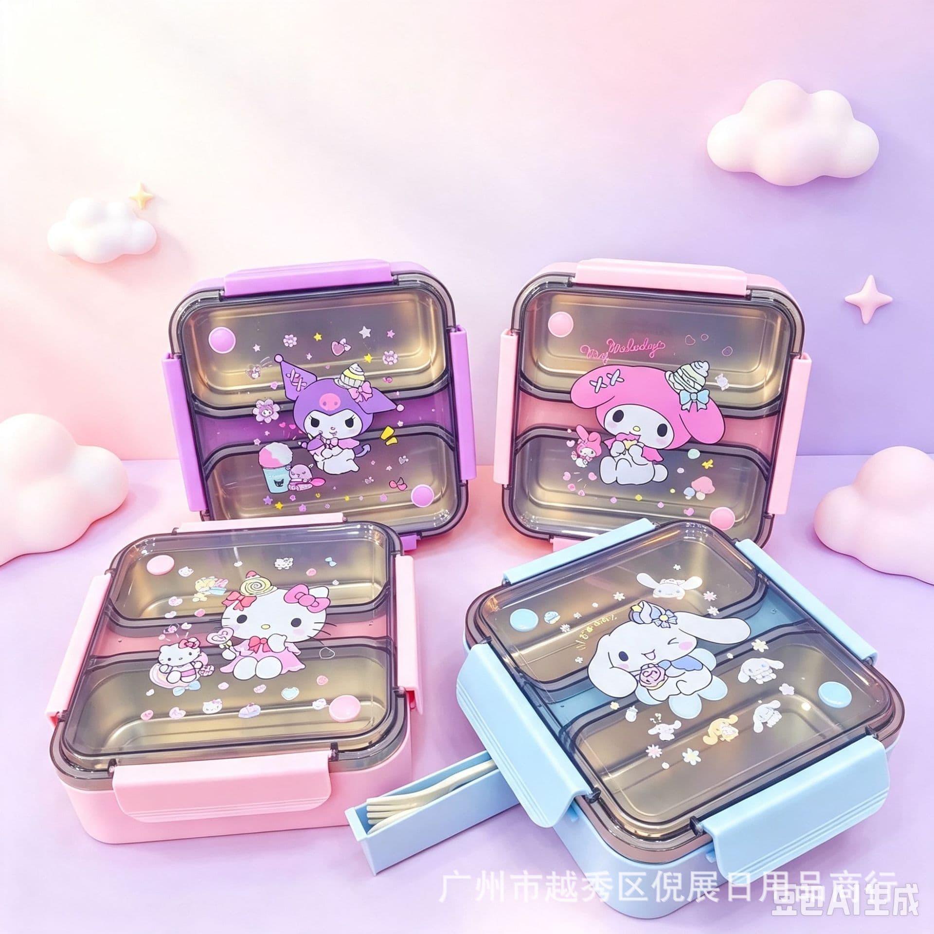 Sanrio 304 Stainless Steel Divided Lunch Box Student Portable Cartoon Bento Box Office Worker Bento Box Double Compartment Large Capacity
