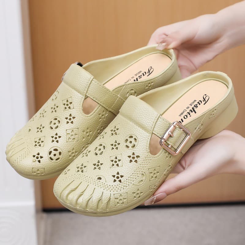 New Flat Non-Slip Closed-Toe Slippers for Middle-Aged Women, Faux Leather Mid-Heel Clog Slippers, Outdoor Women's Slippers