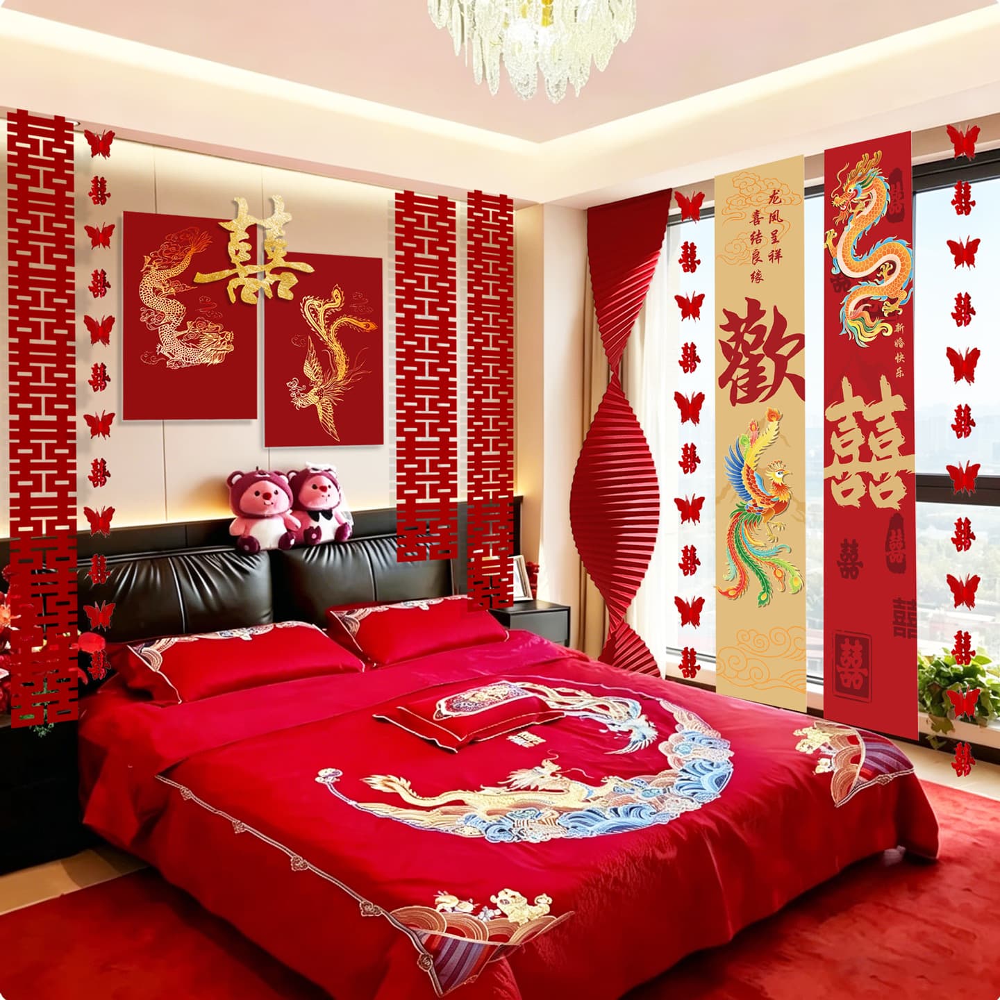 Wedding Room Atmosphere Decoration Set Bride's New Bedroom Bedside Dragon and Phoenix KT Board Wedding Decoration Background Wall