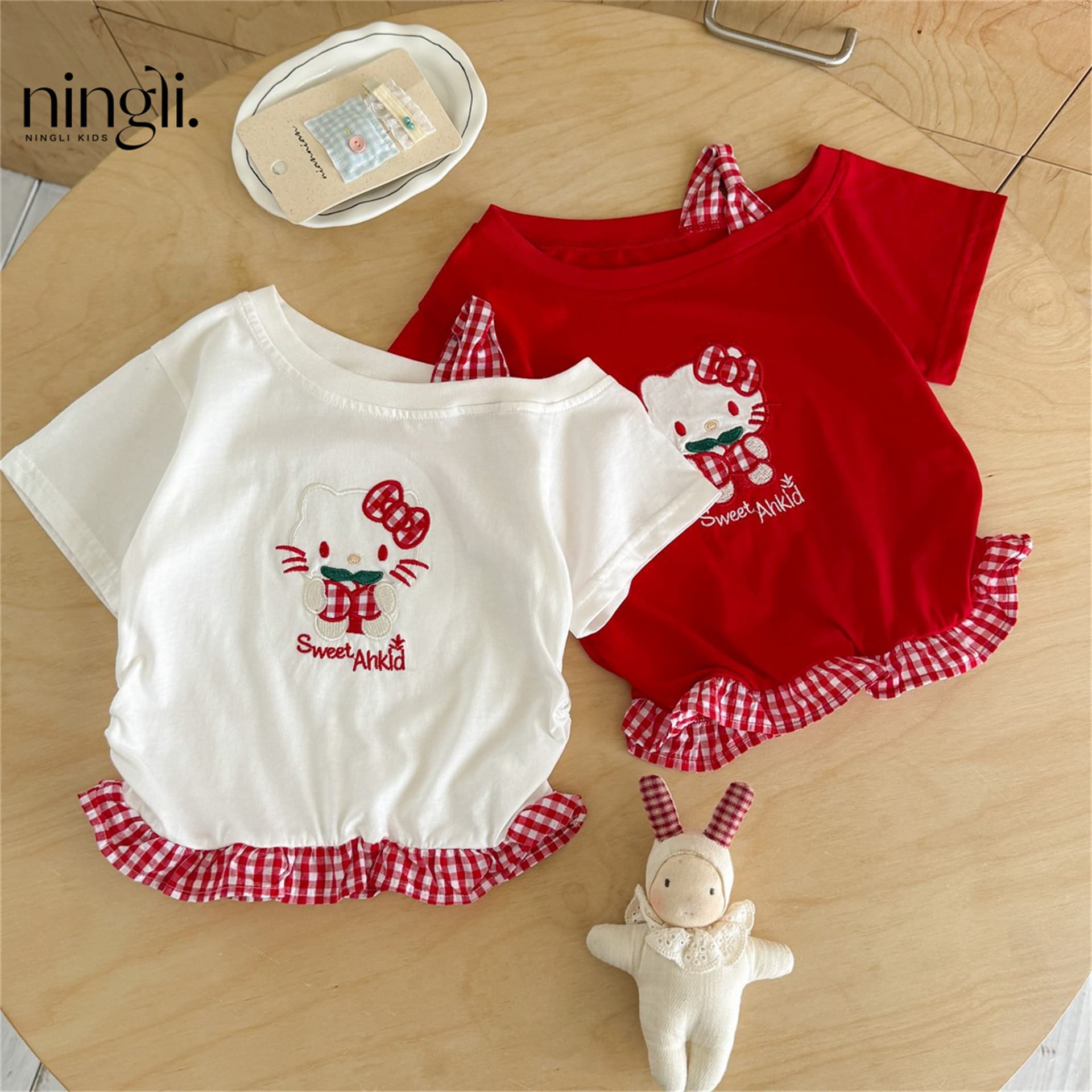 Ningli Summer New Girls Hello Kitty Short Sleeve T-Shirt Korean Stylish Top Base Layer Cute Summer Fashion