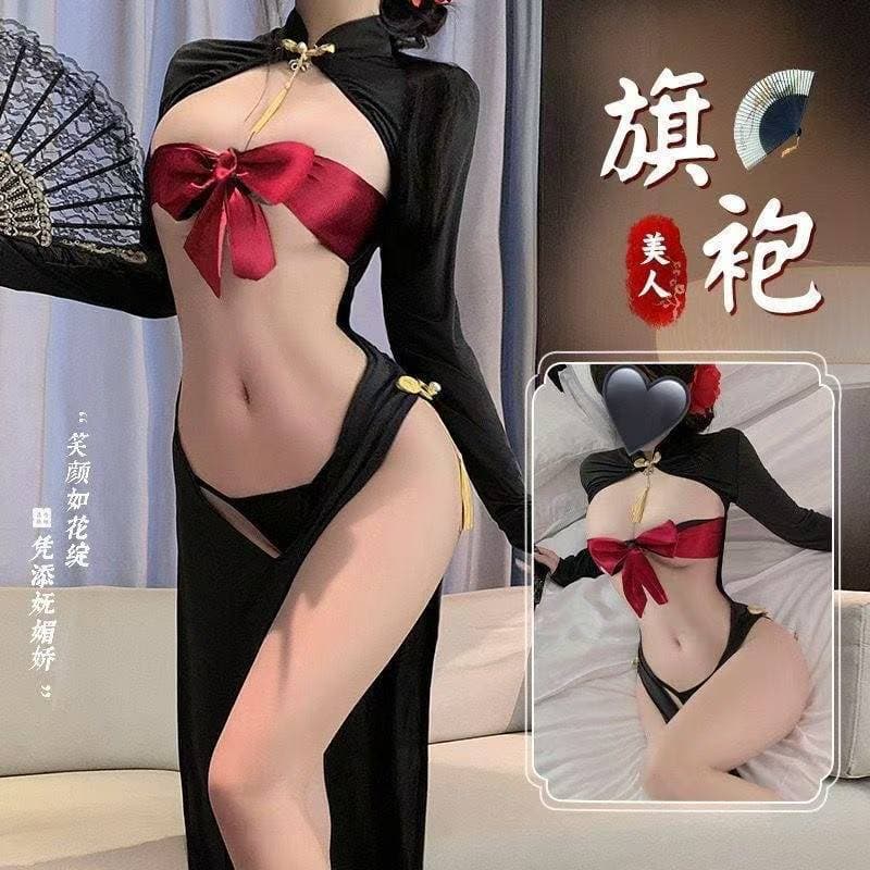 Reversible to trap surprises, front-curtained and breast-exposed cheongsam, open-flap, no-take-off sexy lingerie, sexy and seductive women's pajamas