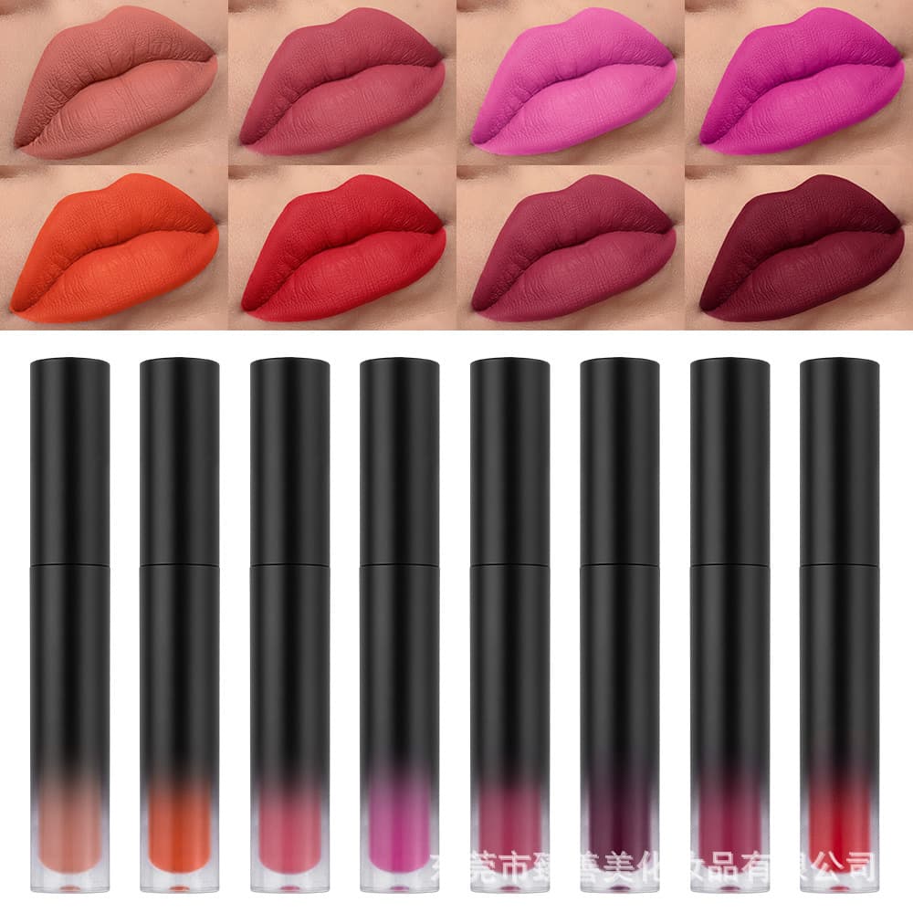 In Stock No Logo Non-Stick Cup Lip Gloss Matte Black Round Tube Waterproof Long-Lasting Makeup Matte 34 Colors Liquid Lipstick