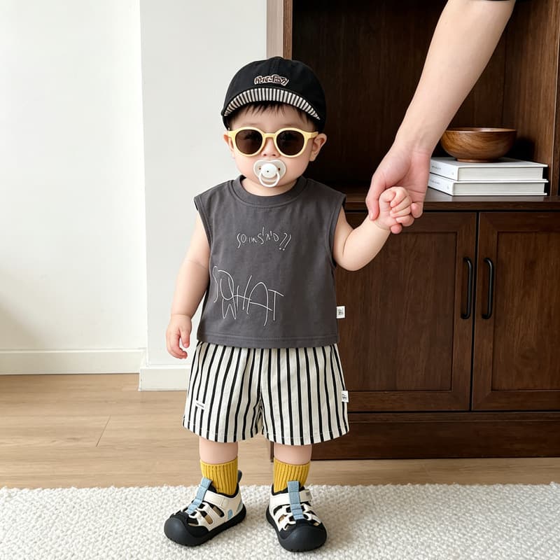Korean-Style Baby Boy Summer Outfit, Stylish Toddler Cool Vest + Vertical Striped Shorts, Skin-Friendly Two-Piece Set for Summer