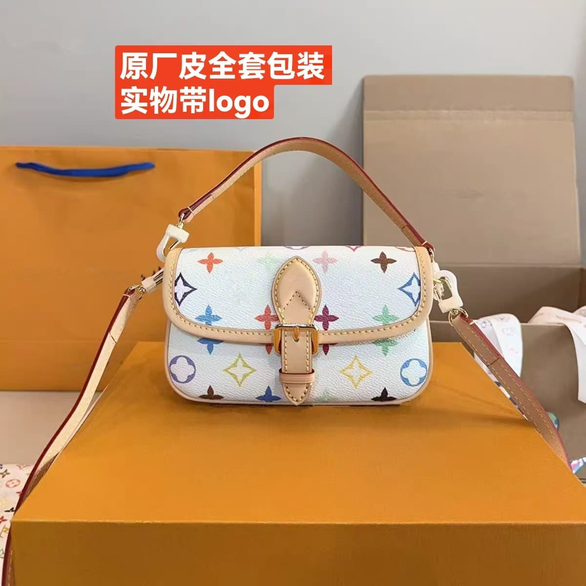 2025 New White Tricolor Mini Baguette Genuine Leather Women's Bag Original Factory Leather High Quality Versatile Handheld Crossbody Bag Wholesale