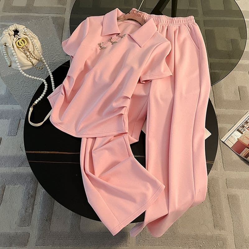 Plus Size New Chinese Style Light National Trend Casual Set Women Summer Fashion Short Sleeve Wide Leg Pants Two-Piece Set