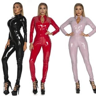 Glossy Patent PU Leather Mirror Finish Sexy Bodysuit for Women, Zipper Crotch, Nightclub One-piece Leather Jumpsuit S-5XL