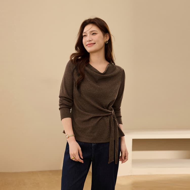 【Designer Draped Neck Knit Sweater】Xianlixiu Plus Size Women's Tie-Waist Slimming Top, New 2025 Autumn Style for Curvy Girls