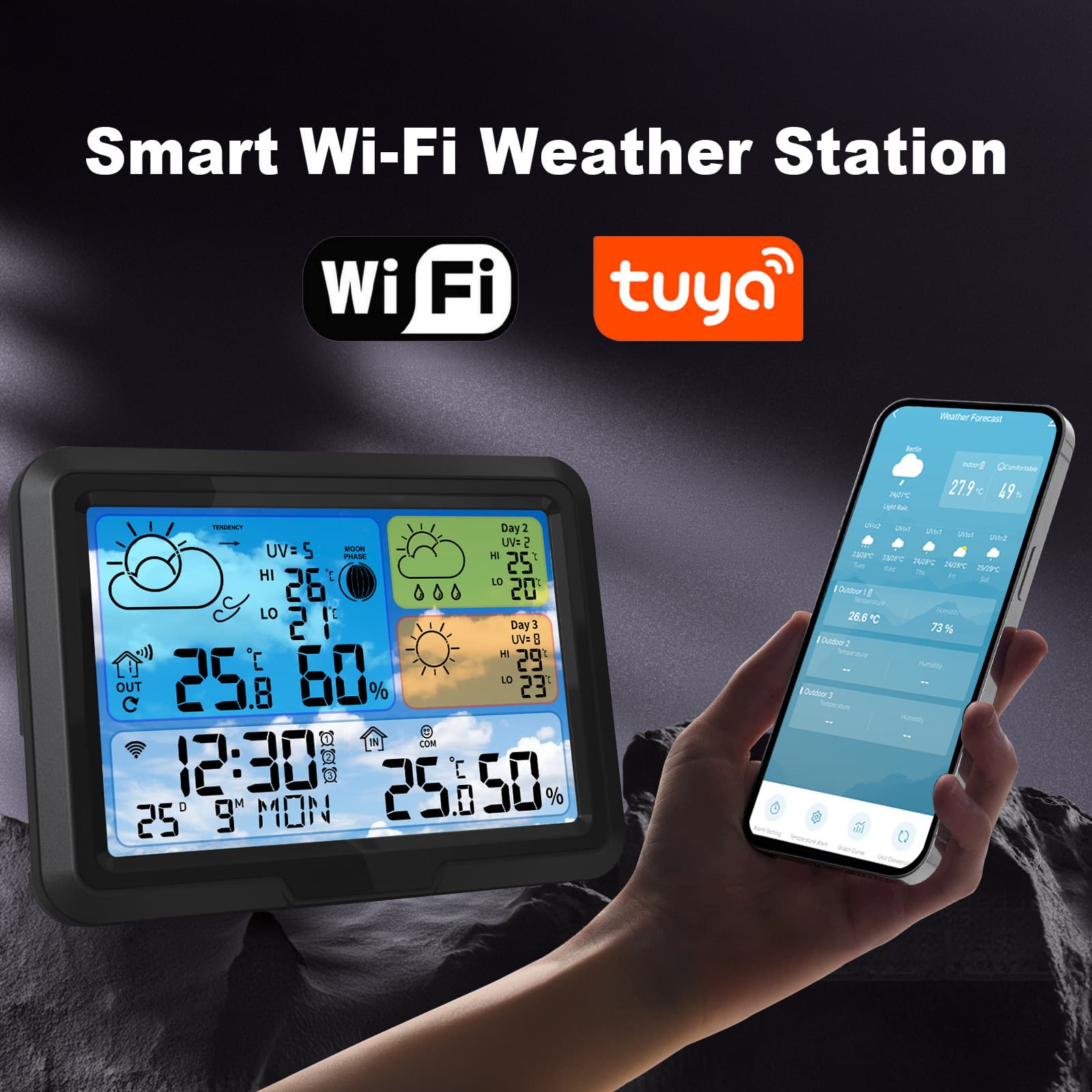Cross-border TuyaWi-Fi Weather Clock Indoor and Outdoor Temperature and Hygrometer Wireless Multifunctional Weather Station - Dropshipping Available