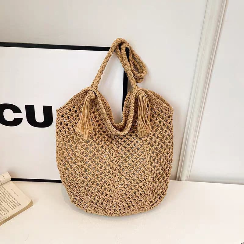 High-End Tassel Straw Woven Bag, Handmade Woven Bag, Women's Large-Capacity Shoulder Tote Bag, Vacation Beach Bag, Women's Bag
