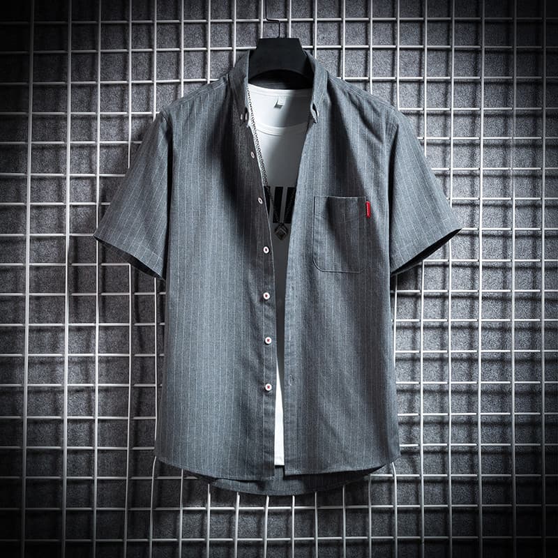 AliExpress Summer Striped Men's Casual Shirt, Fashionable Turn-Down Collar Loose Short Sleeve Top, Street Style Striped Shirt for Men