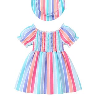 New Summer Rainbow Vertical Stripe Print Dress + Hat for Baby Toddler Girls, Casual Puff Sleeve Dress