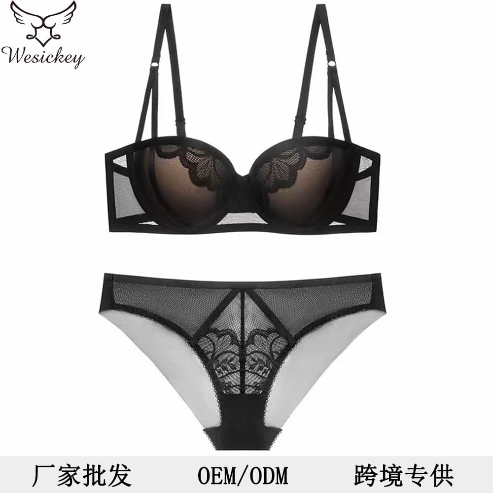 Wholesale High-Quality Sexy Lace Bra Set, Thin Upper and Thick Lower Padding, Push-Up for Small Bust, Underwire Lifting Bra Set