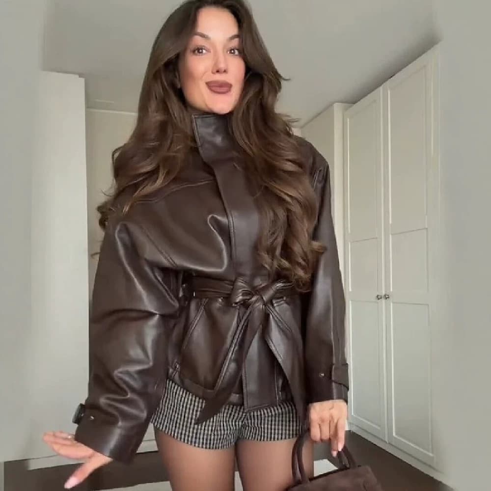 Women's Faux Leather Moto Jacket with Tie Waist, Loose Stand Collar Long-Sleeve American Street Style Biker Jacket for Export