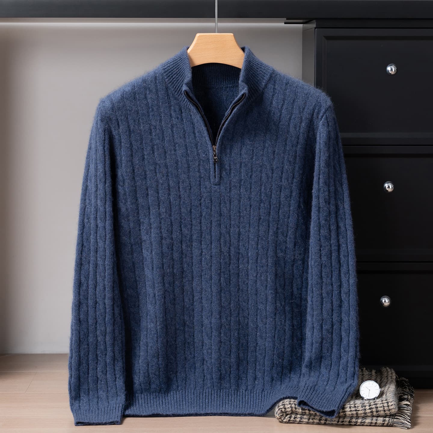 High-end luxury ~ 100% pure cashmere men's turtleneck thickened zip-up pullover sweater, suitable for outerwear