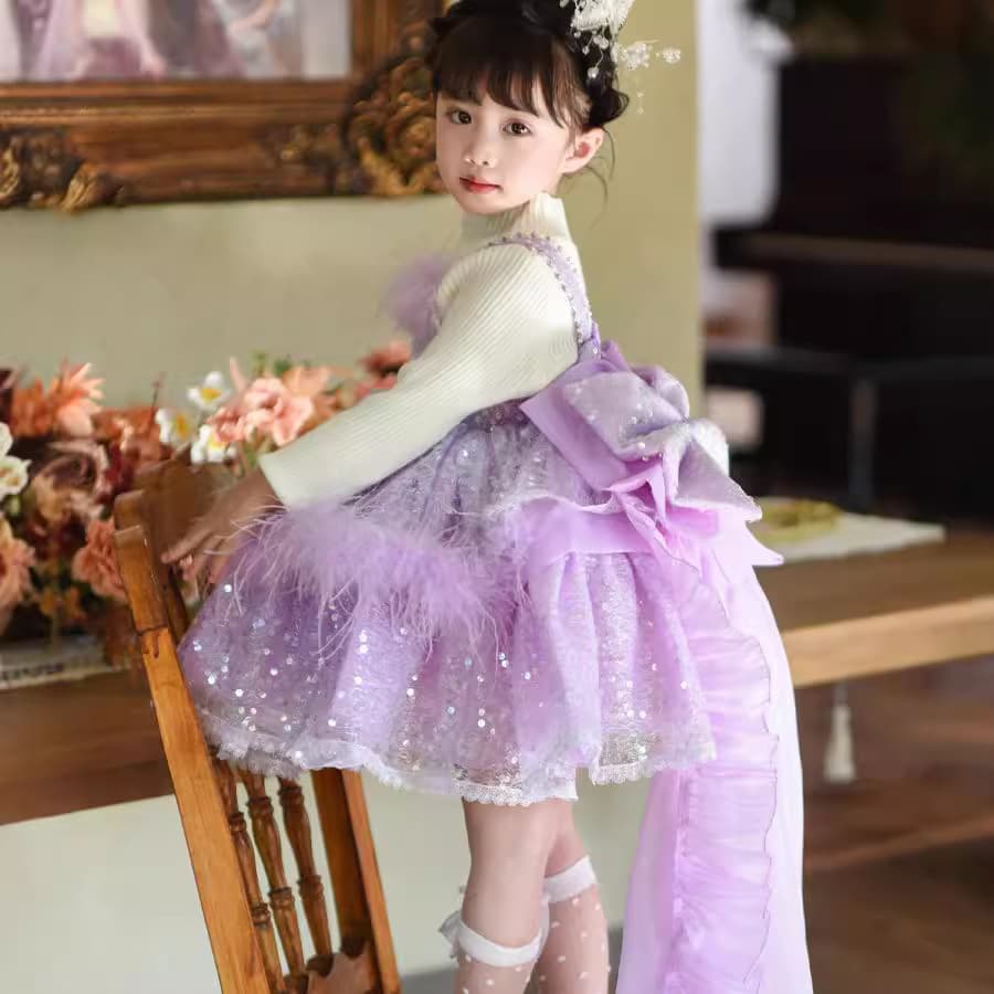 2025 Autumn/Winter New Girls Flower Fairy Dress with Large Train Tulle Princess Dress Bow Sweet Style Gown