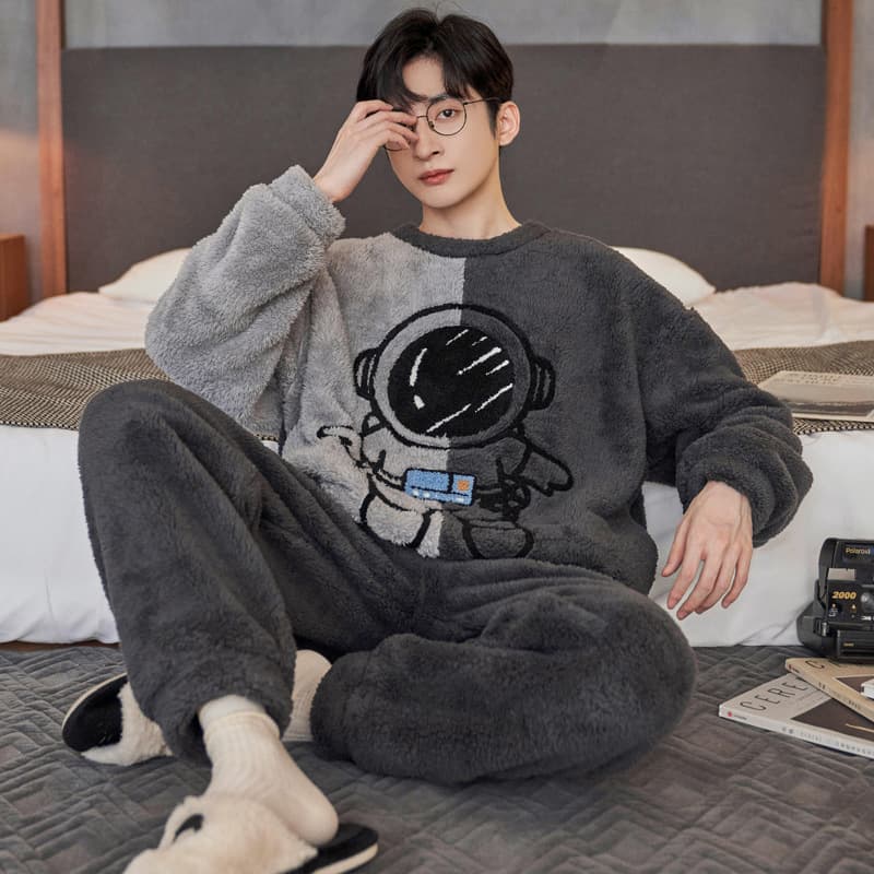 Men's Autumn and Winter Pajamas, Fleece-Lined Long Pile Striped Crewneck Pullover Coral Fleece, Plus Size Warm Homewear
