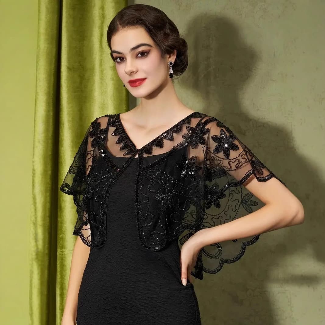 Floral Sequin Vintage 1920s Evening Shawl Beaded Sequin Evening Dress Top Windproof Shawl Party