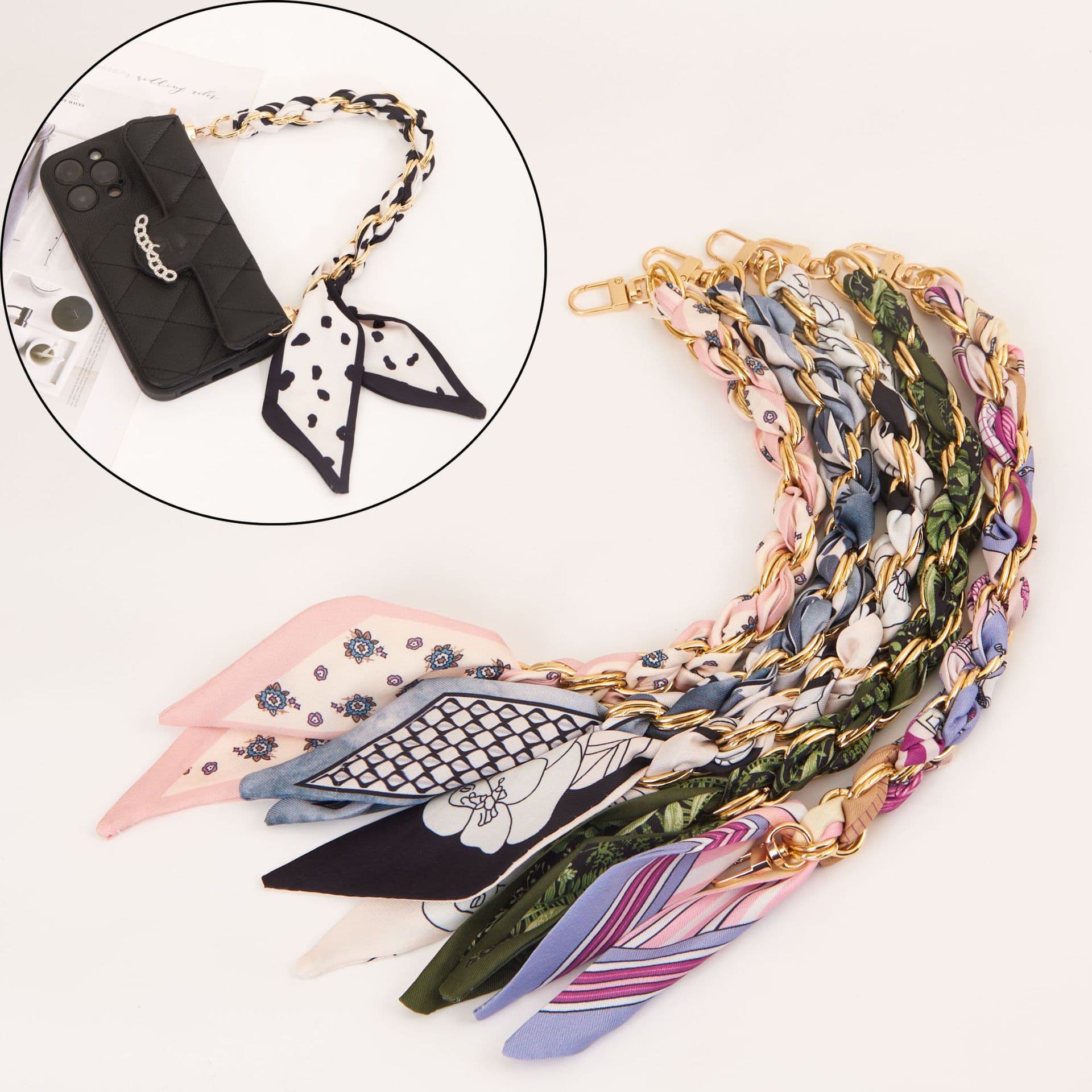 Versatile Phone Lanyard Wrist Strap Chain Case Lanyard Premium Silk Scarf Short Woven Accessory