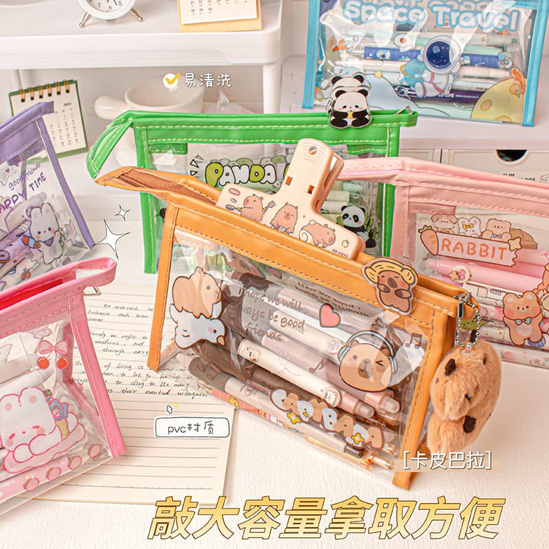 Cartoon Transparent Triangular Pencil Case Student Stationery Cute Large Capacity Pencil Bag Ins High Appearance Pencil Box Wholesale