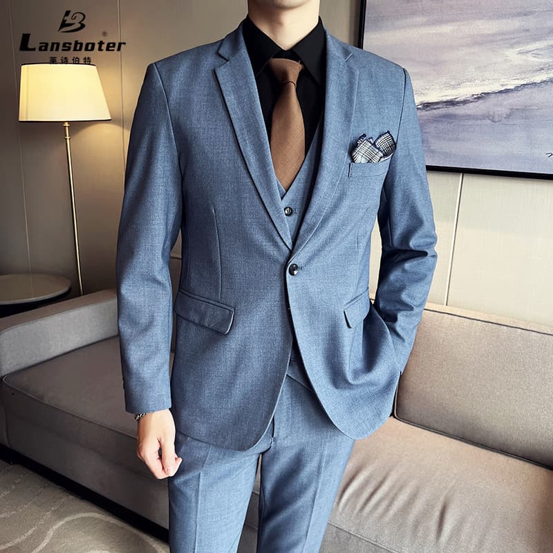 Men's Korean Slim Fit 3-Piece Suit Set for Office Work and Wedding Groom