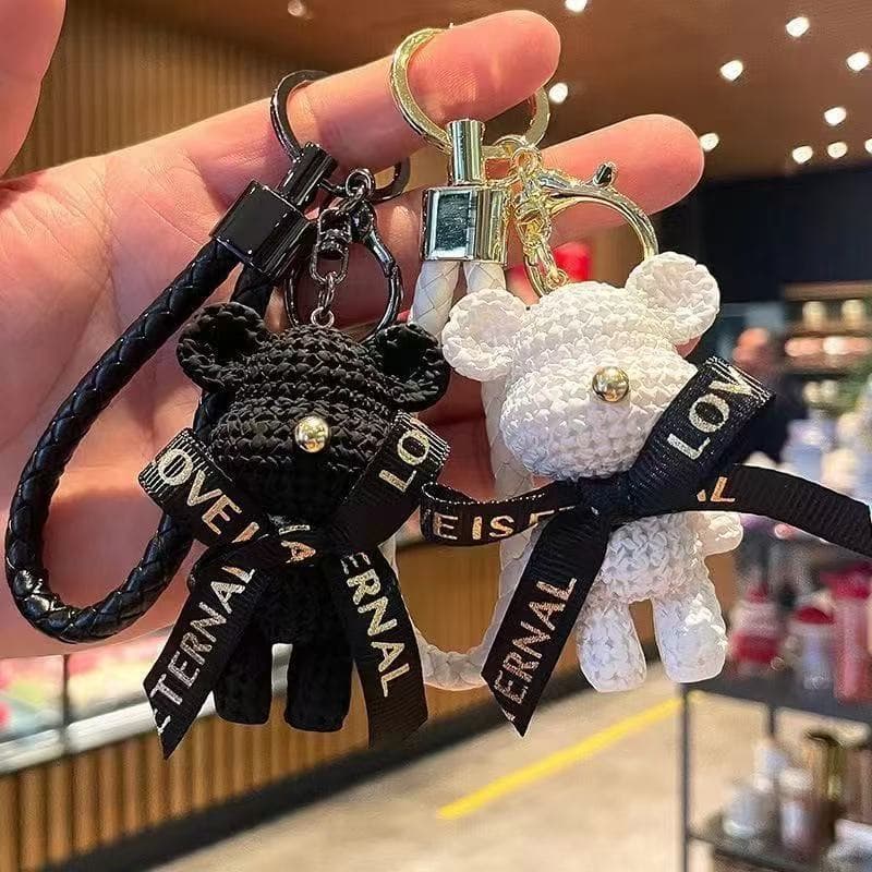 Trendy Yarn Bear Keychain 3D Plush Doll Backpack Charm Cartoon Bear Car Keychain Gift