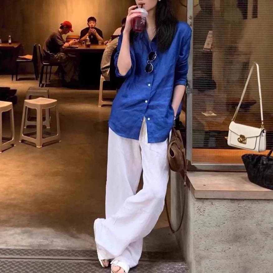Old Money Style Linen Shirt for Women 2026 Autumn New Arrival Sun-Protective White Cotton-Linen Shirt High-End Wide-Leg Pants Set