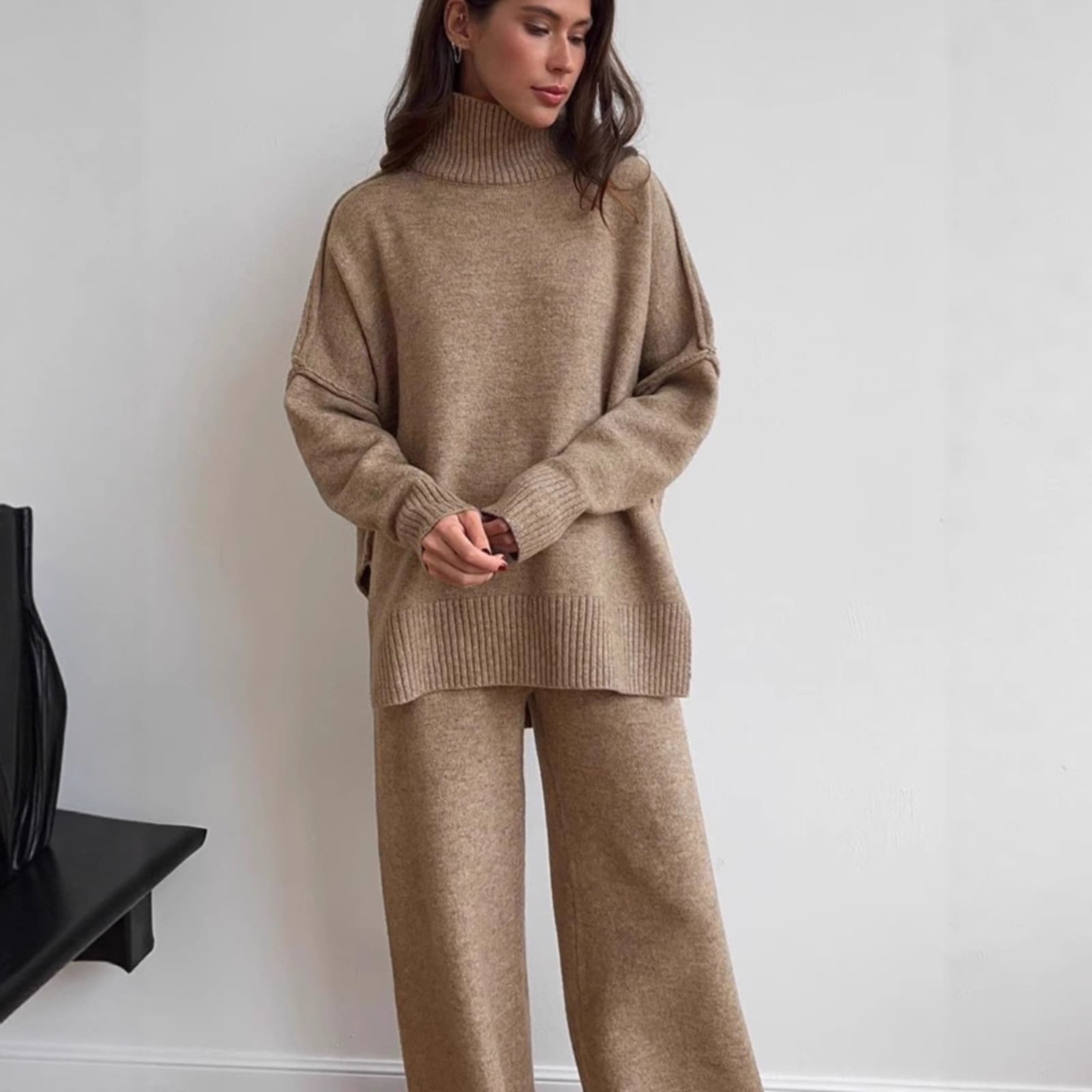 Turtleneck Sweater Two-Piece Set 2025 Fall/Winter New Style Loose Casual Slimming Wide-Leg Pants Pullover Knit Set for Women