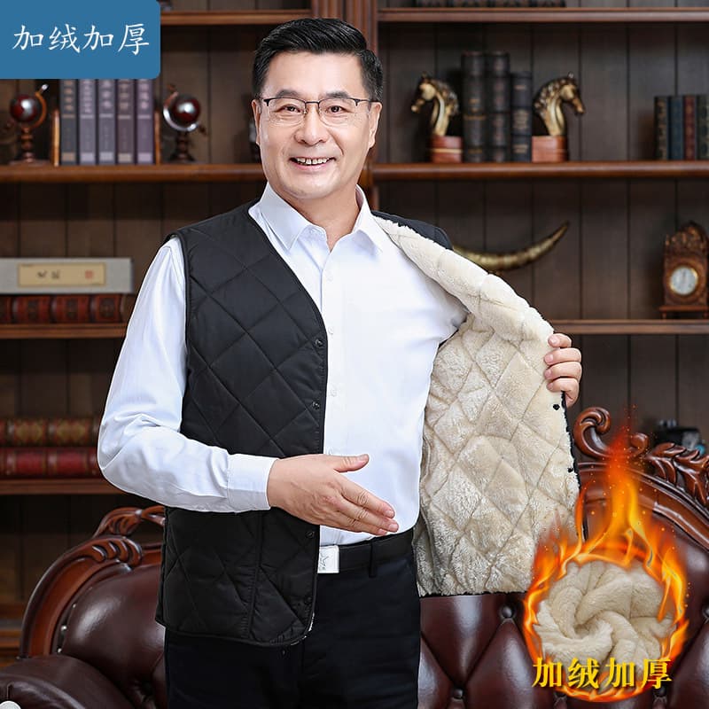 Dad's Autumn/Winter Cotton Vest, Middle-aged Men's Fleece-lined Thick Waistcoat, Warm Top for Elderly Grandfathers
