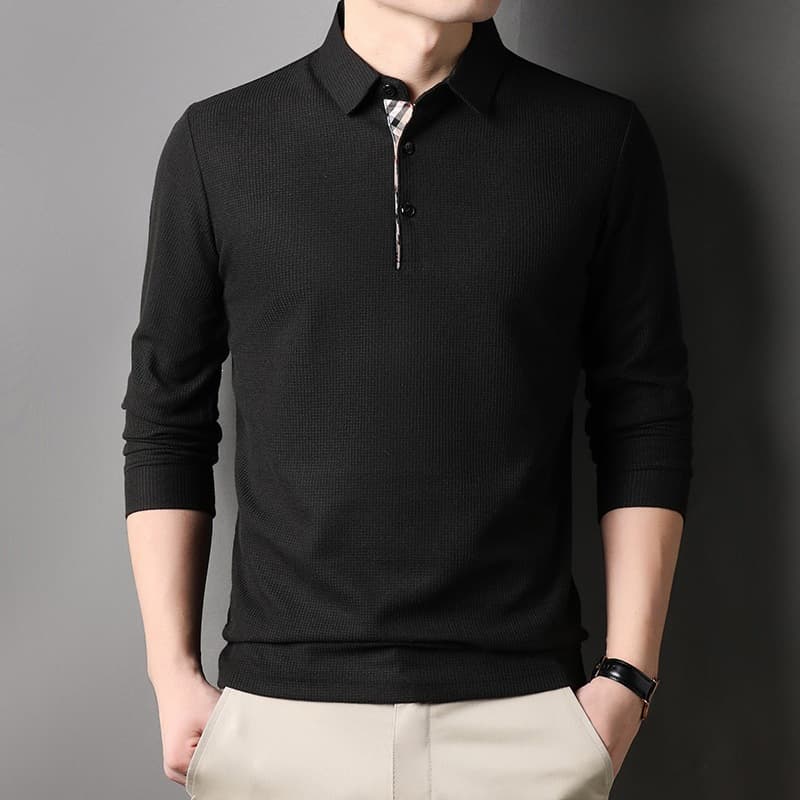 Waffle Knit Lapel Collar Lightweight Base Layer Top Young and Middle-Aged Men's Solid Color Casual T-Shirt Men's Autumn Winter Long Sleeve
