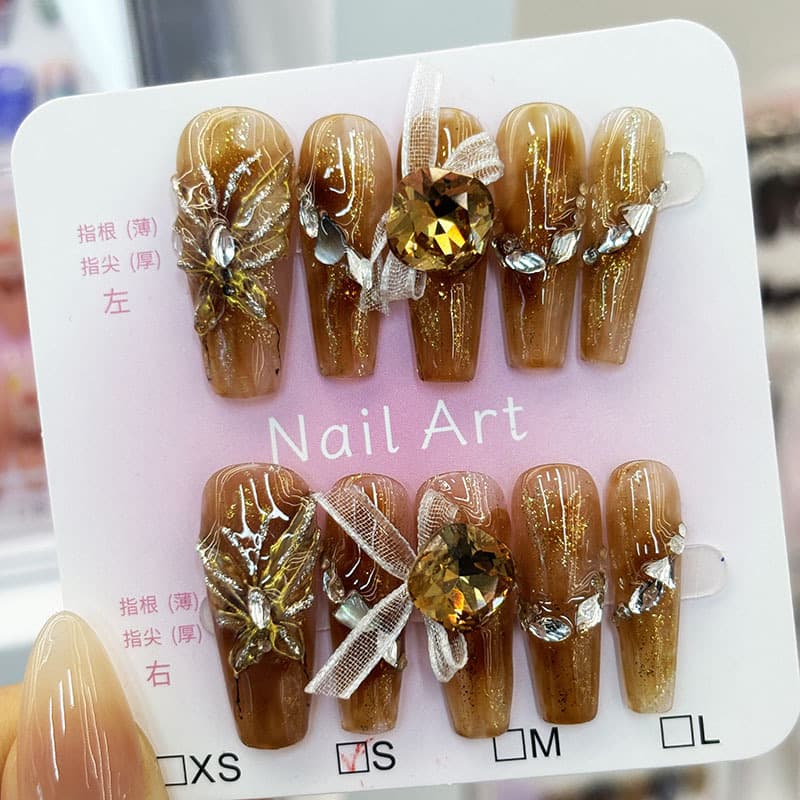 Cute Nails Wearable Nails [Original Real Shot] Golden Charming Autumn and Winter Ribbon Manicure Purely Handmade Wearable Nails Fake Nails